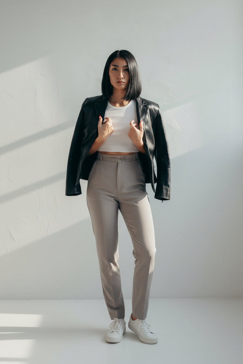 Woman wearing a black leather jacket over a white top against a white wall make the bottom part of picture longer
